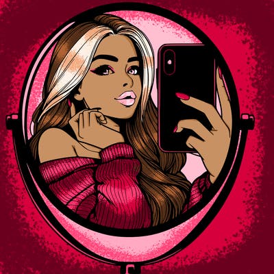 realistic girl taking mirror selfie beautiful