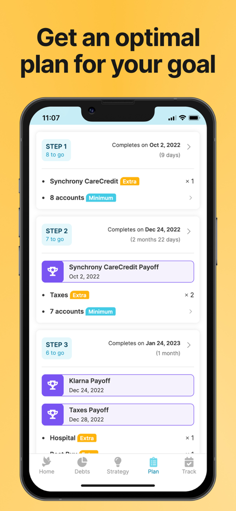 Debt Payoff Planner & Tracker - Mobile app interface displaying a step by step debt payoff plan with specific dates and payment strategies.