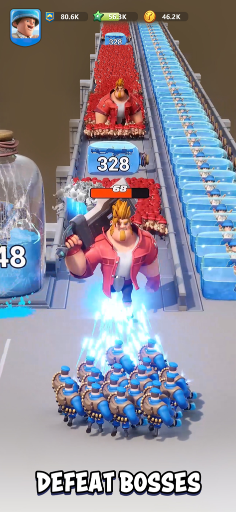 Juego de Top War Battle Game mostrando a soldados azules atacando a un gran personaje jefe con el texto Derrota a los Jefes