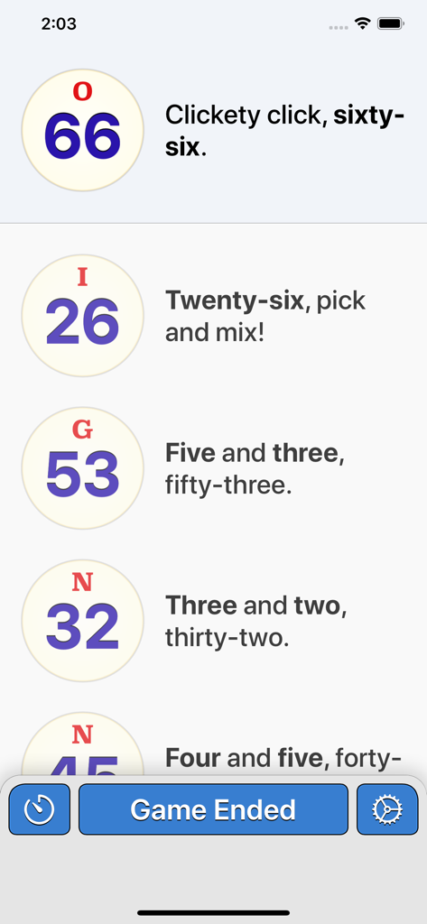 Bingo Machine - Number Caller - A list of called bingo numbers displayed with their corresponding traditional bingo catchphrases.