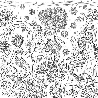 Explore a mesmerizing fusion where the warmth of tropical mermaids meets the serene beauty of a winter wonderland. This unique coloring page invites you to bring to life coral-haired sirens amidst delicate snowflakes and icy formations.