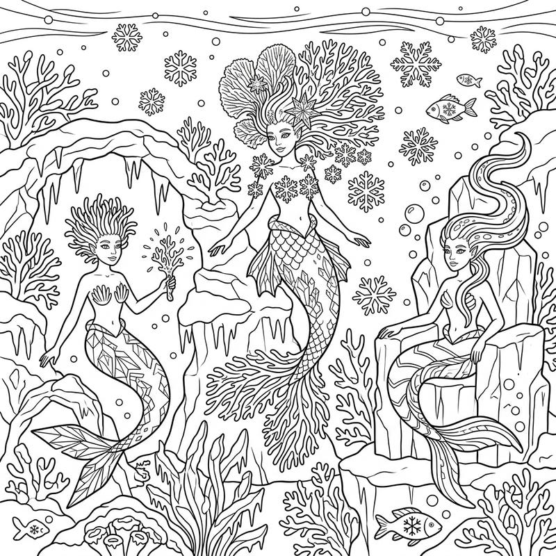 Explore a mesmerizing fusion where the warmth of tropical mermaids meets the serene beauty of a winter wonderland. This unique coloring page invites you to bring to life coral-haired sirens amidst delicate snowflakes and icy formations.