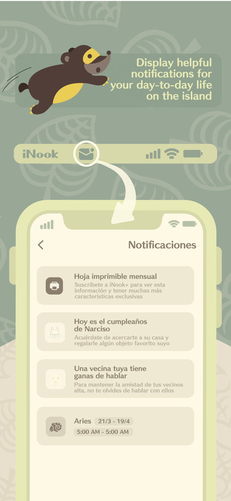 iNook - The iNook app notifications interface showing villager birthdays and daily island events