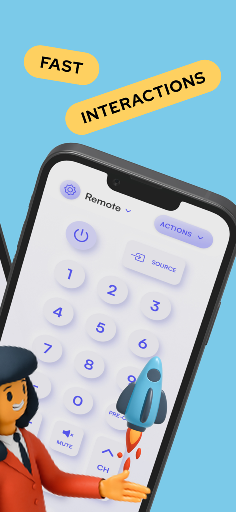 iPhone montrant l'interface du clavier numérique d'une application de télécommande TCL avec un texte d'interaction rapide et une illustration de fusée