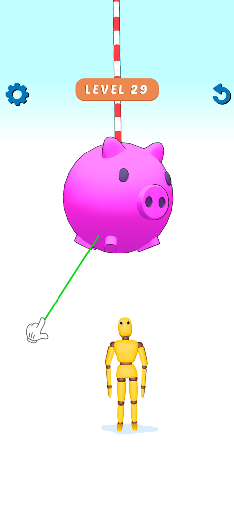 Ragdoll Games: Breaking Bones - Una gran hucha rosa colgando sobre un muñeco amarillo en un juego de ragdoll basado en física.