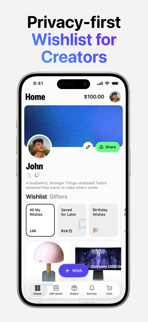 Throne - Wishlist for Creators - A screenshot of the Throne app showing a creator profile with categorized wishlists and specific gift items for fans to purchase