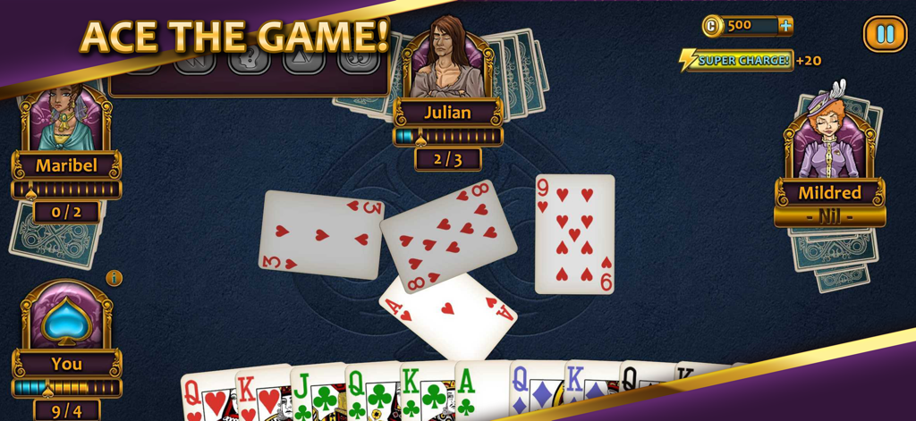 Aces Spades card game interface featuring Victorian animated opponents and active trick-taking gameplay.