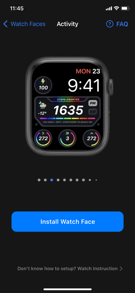 A preview of a customizable activity watch face with health data complications