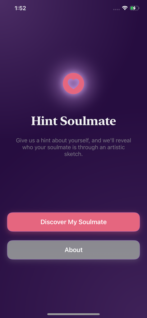 Hint Soulmate - Pantalla de bienvenida de la aplicación Hint Soulmate con un ícono de corazón brillante y un botón para descubrir el dibujo de tu alma gemela