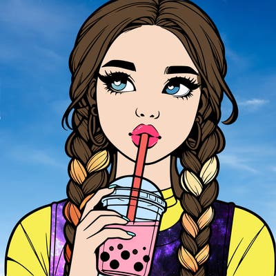 realistic girl with braided hair drinking boba