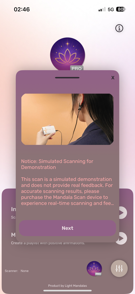 SoulSync - SoulSync app interface showing a simulated scanning demonstration for the Mandala Scan device.