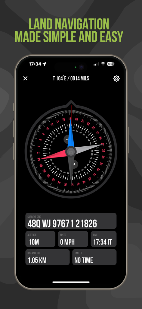 Tactical NAV land navigation screen with MGRS coordinates and digital compass
