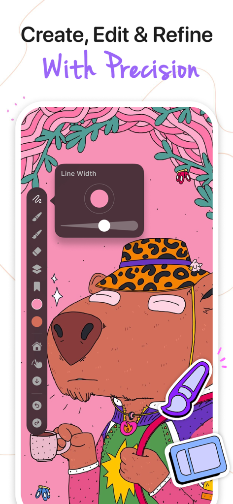 ZoomArt app interface showing a digital character illustration with a line width adjustment tool and a side toolbar