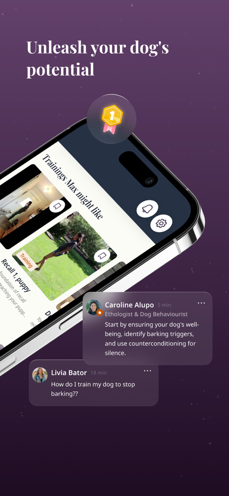 Petli dog training app interface featuring personalized training videos and expert behavioral advice from a dog ethologist.