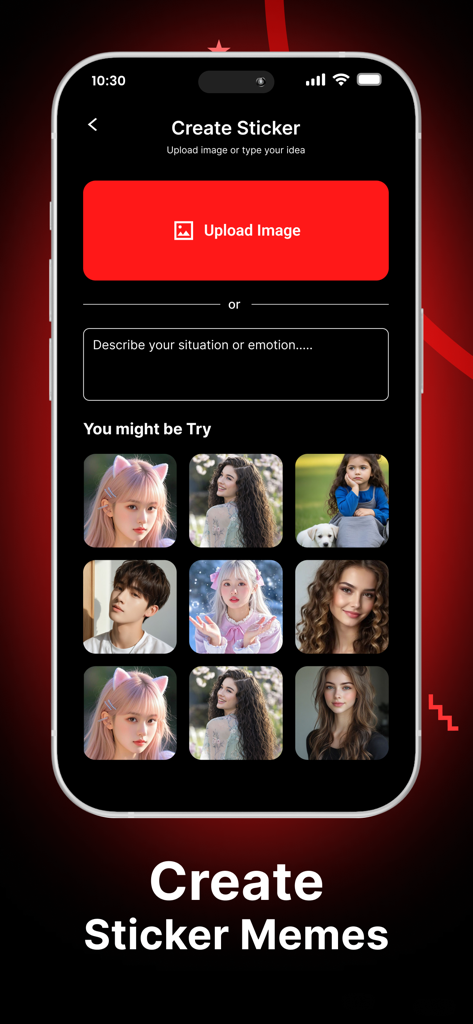 Interfaz de una app móvil titulada Create Sticker que muestra opciones para cargar una imagen o escribir una descripción de texto para generar stickers de memes personalizados.