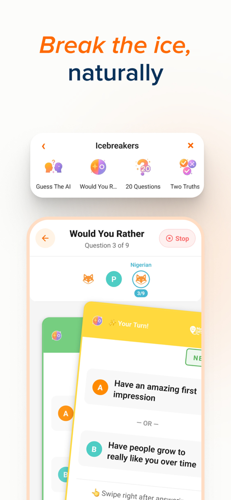 Meet OffScreen: IRL Friends - Meet OffScreen app interface showing icebreaker games like Would You Rather and 20 Questions to help small groups connect naturally.