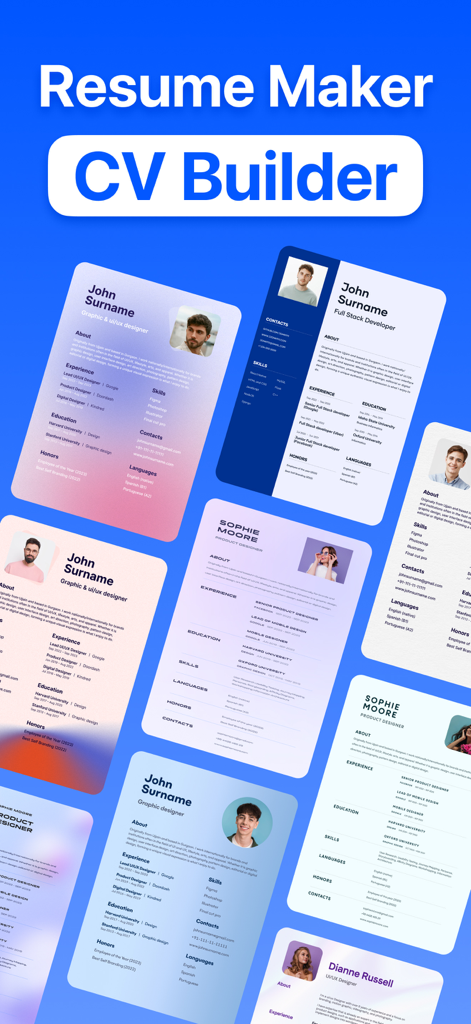 青い背景に表示された、さまざまなモダンでプロフェッショナルな履歴書テンプレート。