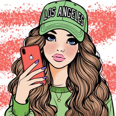 realistic beautiful girl wearing los ángeles cap holding an iphone