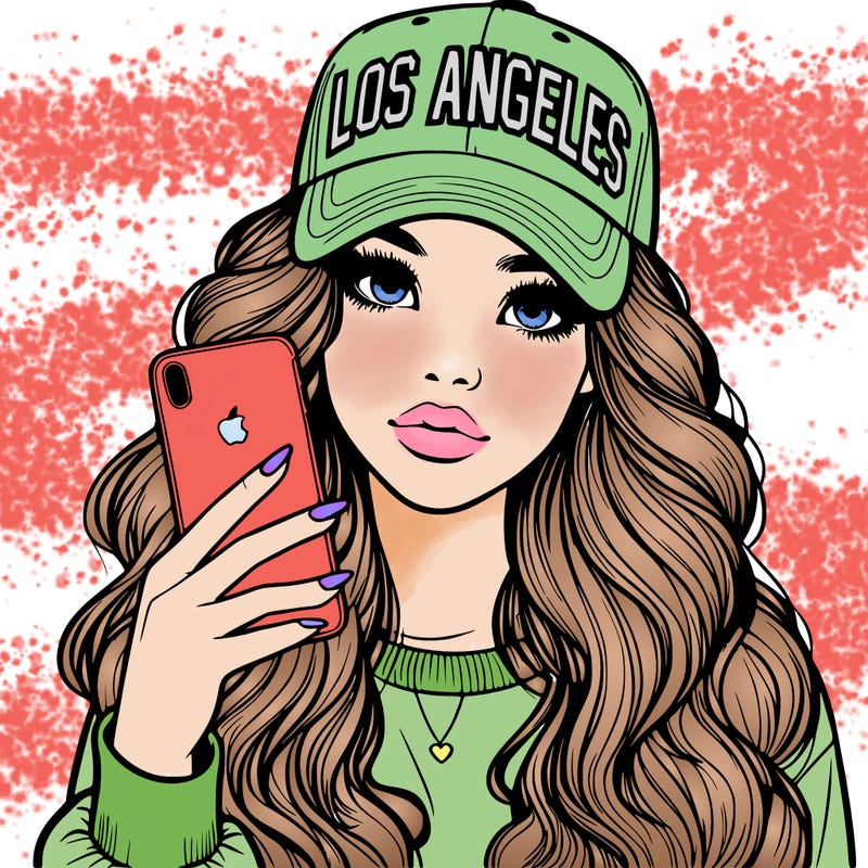 realistic beautiful girl wearing los ángeles cap holding an iphone