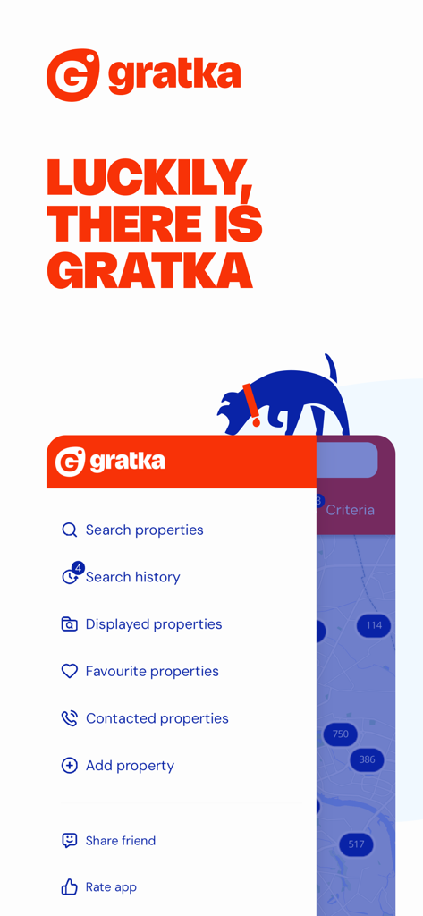 Gratka - Gratka real estate app interface displaying the side navigation menu with property search options and a map background