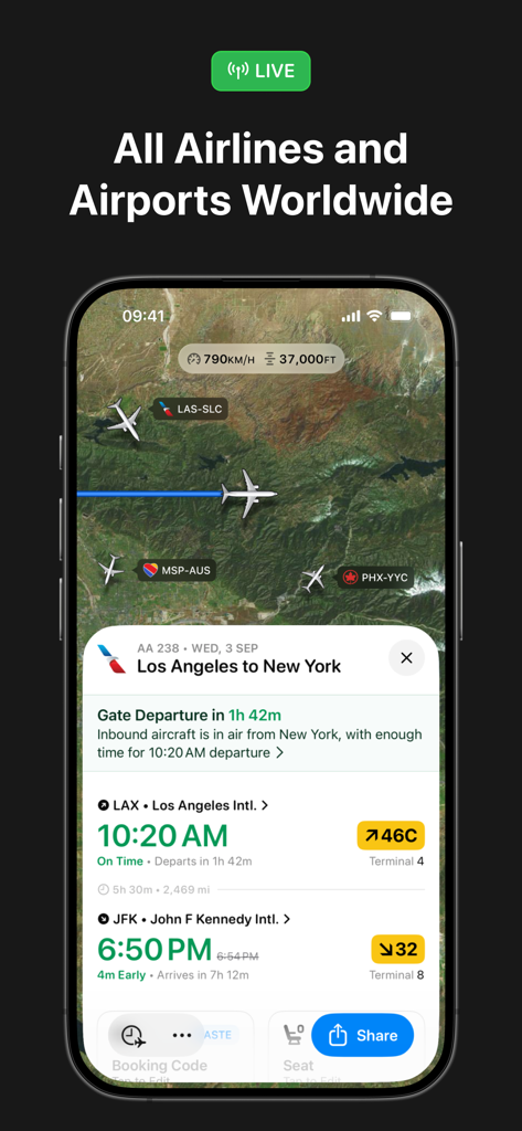Flighty app interface showing a live flight map with real-time aircraft locations and detailed flight status information