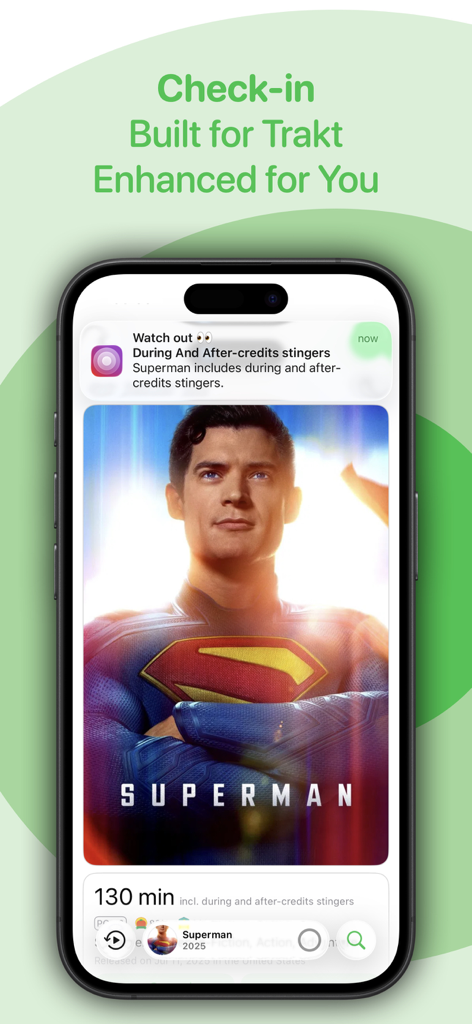 Smartphone screen displaying the Rippple for Trakt app with a Superman movie details page and an after-credits notification.