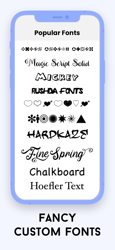 Fonts keyboard iphones app - Screenshot of an iPhone app showing a list of decorative popular fonts like Magic Script and Fine Spring