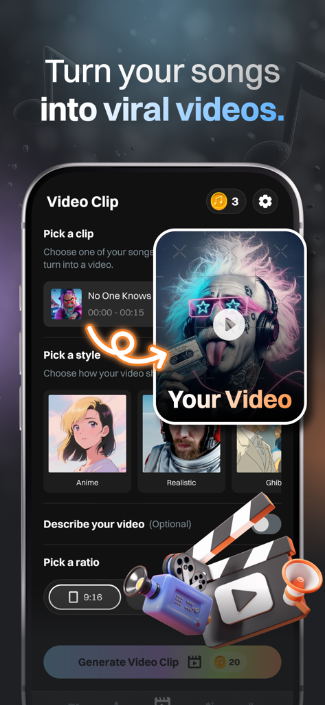 AI Music, Song Generator: Tune - Interface of the Tune app showing how to turn AI generated songs into viral video clips with custom styles like anime and realistic