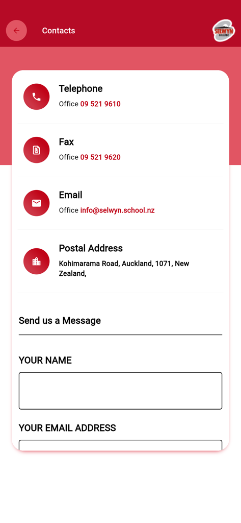 Contact information and message form within the Selwyn College mobile app