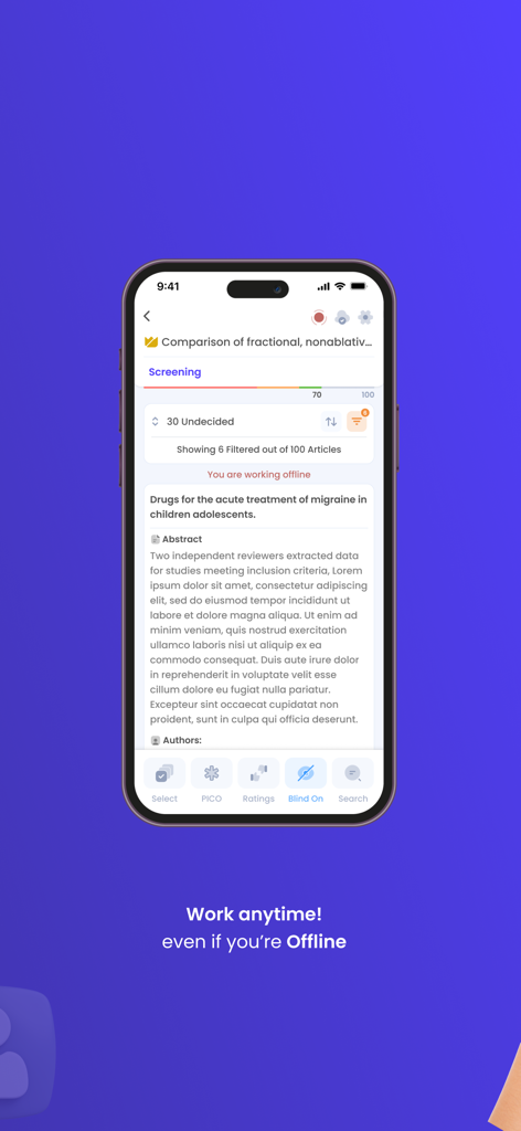 Screenshot of Rayyan app showing the screening of a scientific abstract in offline mode.