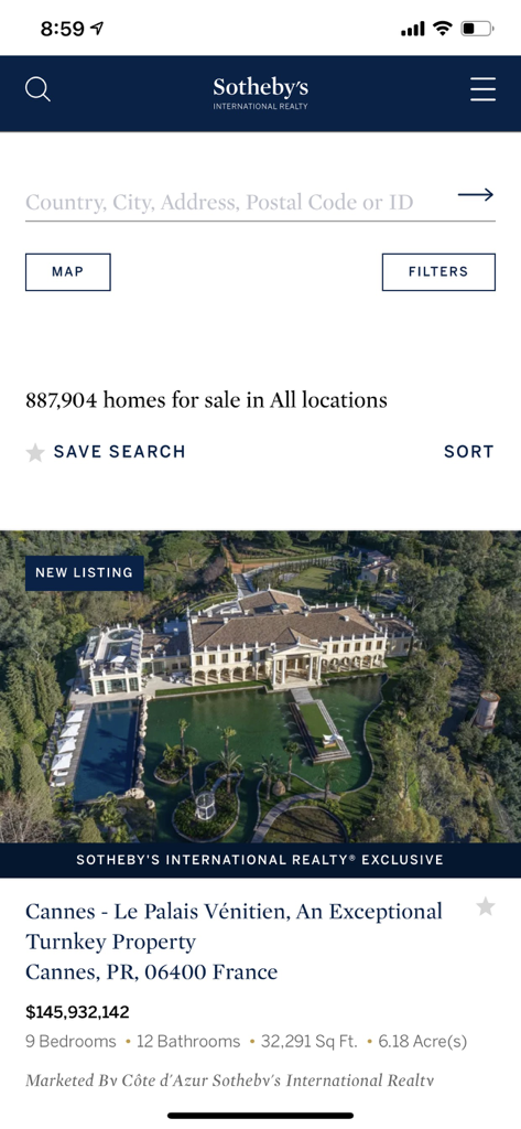 Sotheby's International Realty - Sotheby's International Realty mobile app interface featuring a luxury estate listing in Cannes France