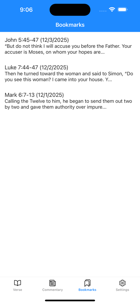 Jesus Speaks. Bible Devotional - Pantalla de marcadores en la aplicación bíblica Jesús Habla mostrando versículos guardados