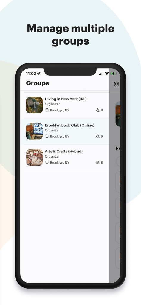 Meetup for Organizers app interface showing a list of managed groups including hiking and book clubs