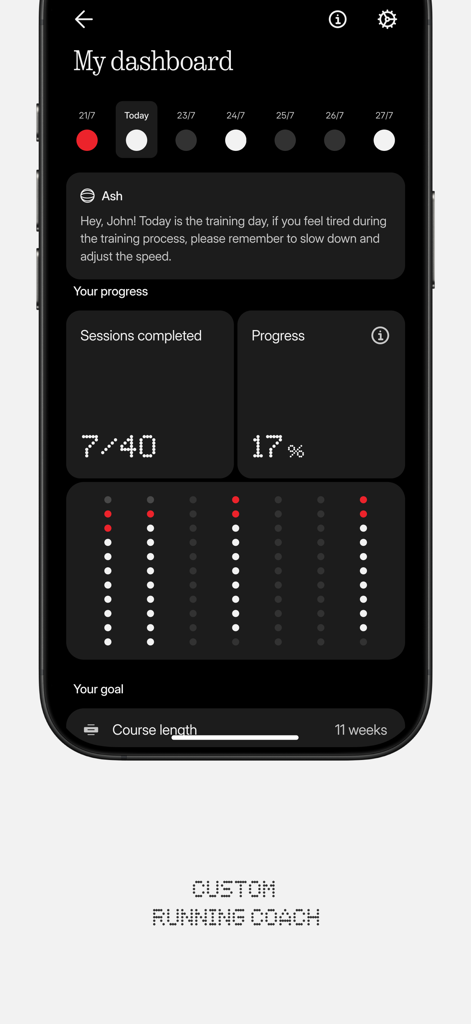 Nothing X - Nothing X app dashboard interface showing custom running coach sessions and fitness progress in a minimalist dark theme
