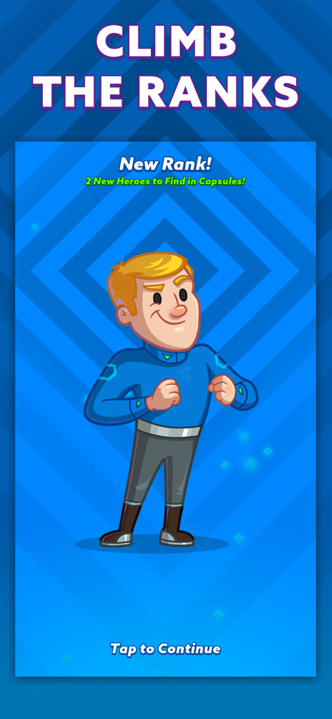 Un personaje de agente de dibujos animados celebrando alcanzar un nuevo rango en AdVenture Ages con un mensaje sobre el desbloqueo de nuevos héroes en cápsulas.