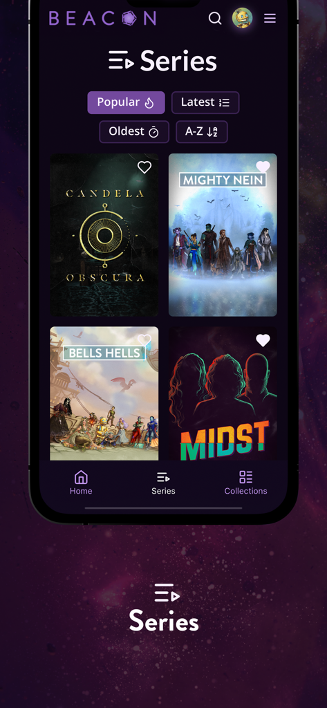 La schermata delle serie dell'app Pocket Beacon con contenuti di Critical Role come Candela Obscura e Mighty Nein con opzioni di ordinamento.