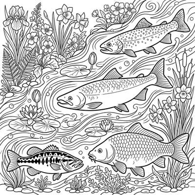 Explore the vibrant world of freshwater fish as they awaken with the spring season in this delightful coloring page. Featuring various species like trout, salmon, bass, and carp, this printable offers a relaxing artistic escape.