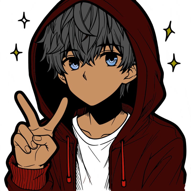 teenage manga boy in a hoodie, doing ✌