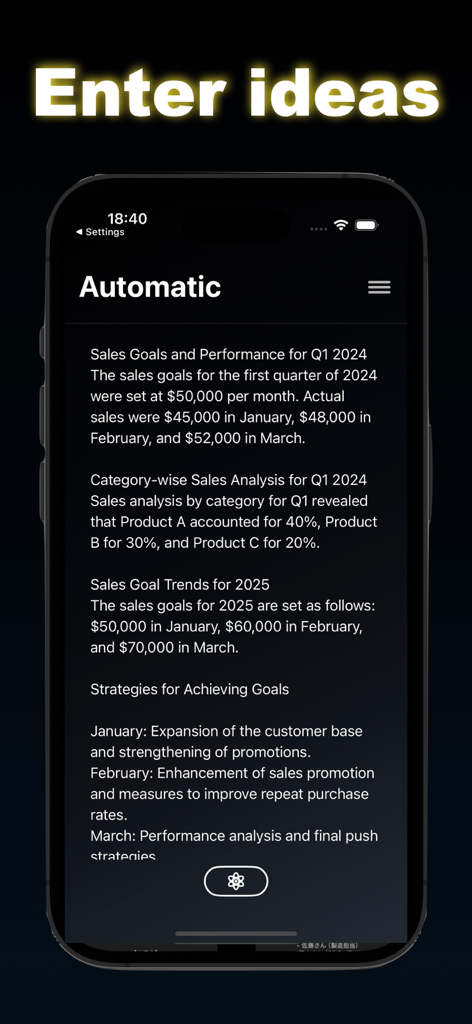 Smartphone screen showing the SlideAI Pro app interface where users enter text ideas for automatic presentation creation.