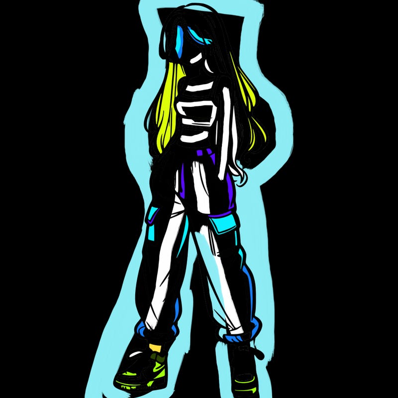 girl in baggy pants crop top and long hair