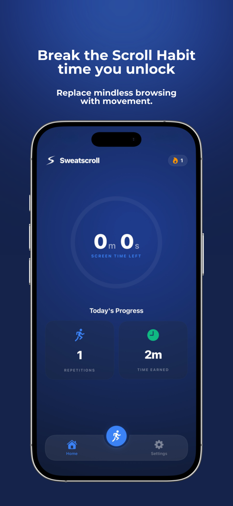Sweatscroll: App Blocker - The Sweatscroll app home screen showing zero screen time left and a summary of today's exercise progress and time earned.