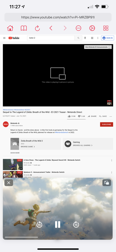Desktop-Browser-App, die die Desktop-Website von YouTube mit einem aktiven Bild-im-Bild-Videoplayer anzeigt.