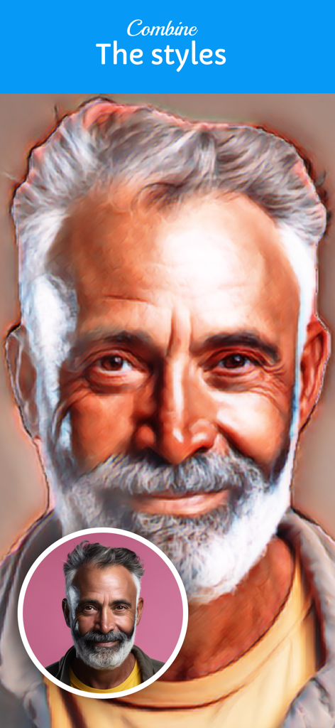 Toon Me - filter for selfie - A comparison of a man's original photo and its transformed digital oil painting version using Toon Me app filters.