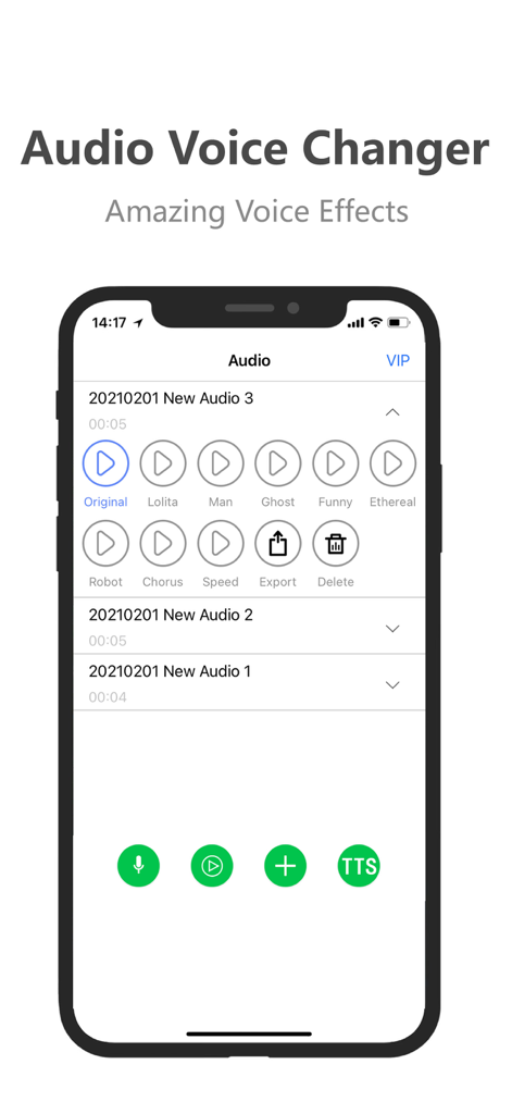 Voice Changer:Music editor app - ロリタやロボットなどのボイスエフェクトプリセットとオーディオ録音リストが表示されたボイスチェンジャーアプリのインターフェース