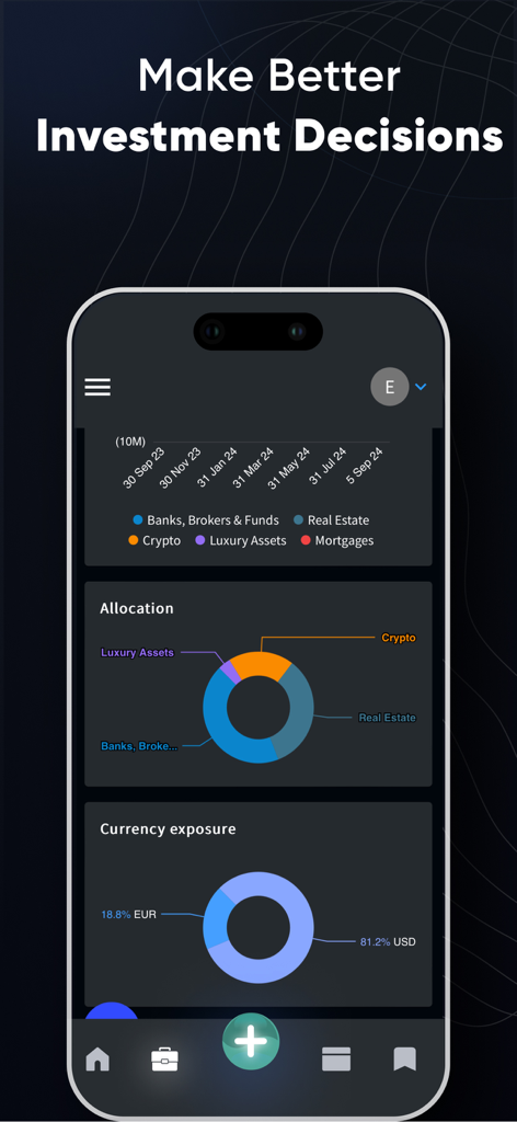 Exirio: Portfolio Tracker - Panel de la aplicación móvil Exirio que muestra gráficos de asignación de activos y exposición a divisas