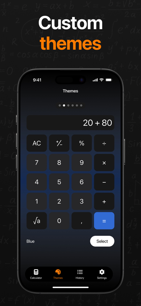 AI Math Solver app featuring custom calculator themes and blue interface