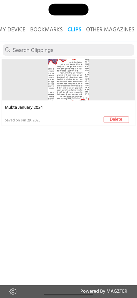 Mukta Magazine - Interface of the Mukta Magazine app showing the clips section with a saved Hindi article snippet and search bar.