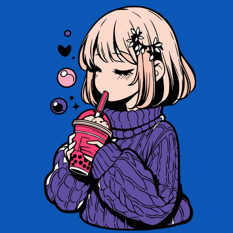 manga girl drinking boba in cozy sweater