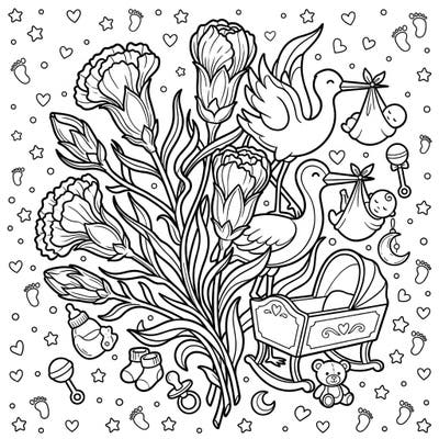 Embrace the joyous anticipation of a new arrival with our unique Carnation Buds Baby Shower coloring page. This delightful design blends elegant floral beauty with adorable nursery details, creating a perfect activity for celebrations or quiet relaxation.