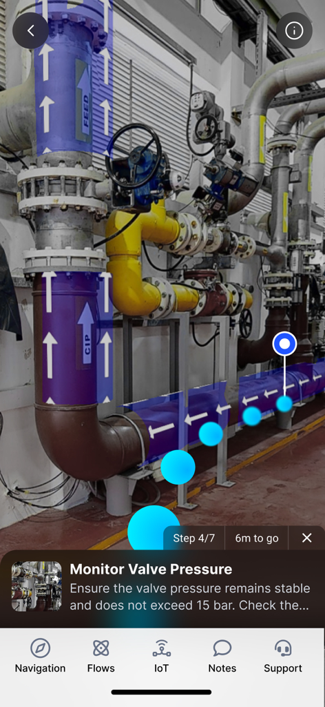 Augmented reality maintenance instructions for monitoring valve pressure on industrial pipes within the Treedis app